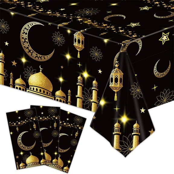 Ramadan Disposable Tablecloth, Blue Gold Mosque Moon Star Lamp Eid Mubarak Decorations, Party Dinner Table Cover, 53.94x107.87 in