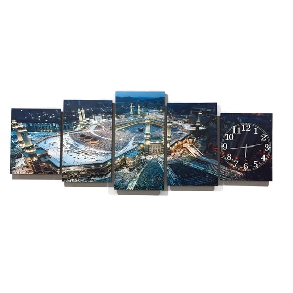 Ramadan Eid Gift Islamic 5pcsCanvas Wall Art Framed Set Canvas Decor Unique Religious Picture frame with Clock Ready to Hang (5 Piece - Mecca) Dimensions 60"x24"