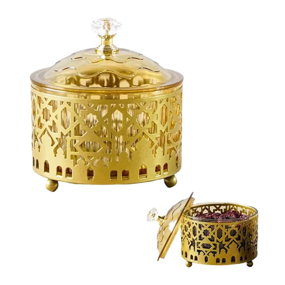 Ramadan Eid Mubarak Metal Dessert Tray with Lid - Gold Serving Platter for Candy, Nuts, Snacks - Middle Eastern Arabian Holiday Table Decoration