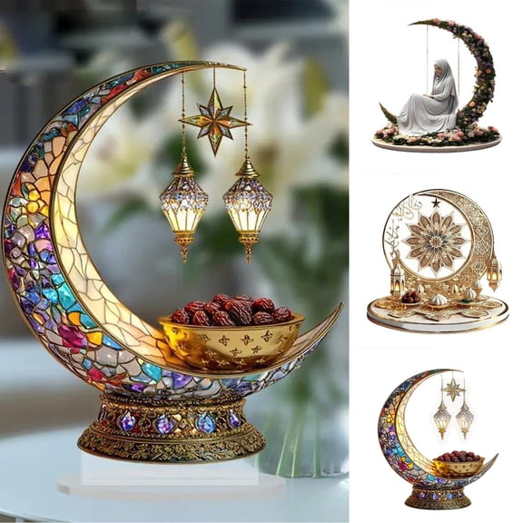 Ramadan Eid Mubarak Ornaments, 2D Crescent and Lantern Acrylic Tabletop Ornament, Moon Star Light Tabletop Ornament for Ramadan Mubarak Eid Decorations