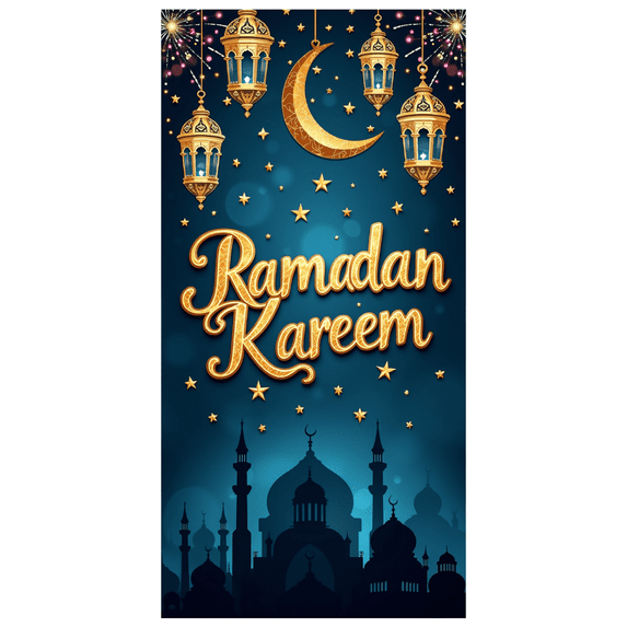 Ramadan Kareem Lanterns Stars Crescent Moon Theme Backdrop Banner for Ramadan Decorations Party Supplies Islamic Festival Celebration Photo Booth