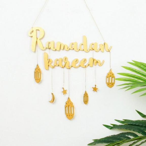 Ramadan Kareem Letter Wooden Hanging Plaque Sign, Eid Mubarak Wall Hanging Decoration, Moon & Stars Islamic Ramadan Holiday Party Decor