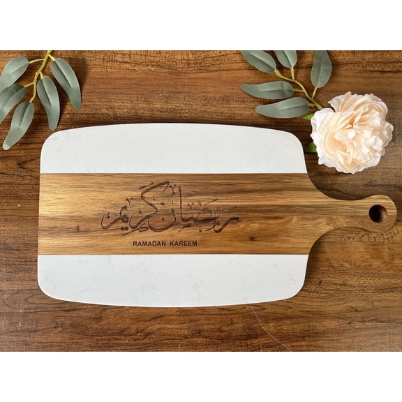 Ramadan Kareem Marble & Wood Cutting Board | Elegant Iftar Serving Tray | Eid Kitchen Gift