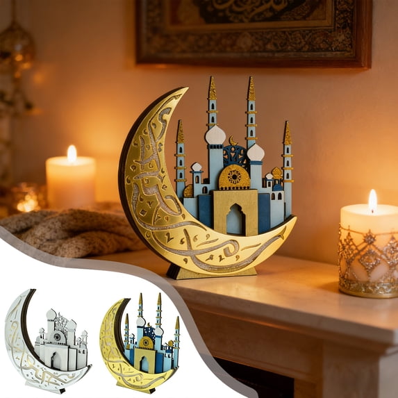 Ramadan Kareem Wooden Table Lamp, Vintage Castle Lunar Night Light, Festive Eid Mubarak Tabletop Centerpiece, Exquisite Islamic Home Decor Ornament for Living Room Table Display, Silver