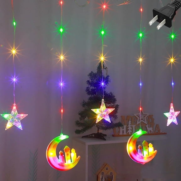 Ramadan LED Curtain Light String With Star Moon And Castle Motifs ABS Material For Wall Window Decor 3 Meters 10 Drops