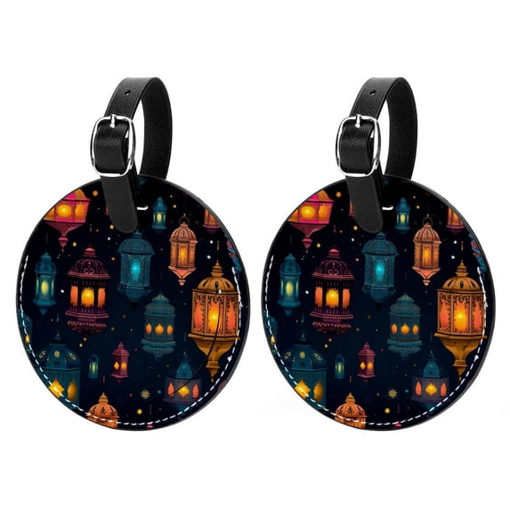 Ramadan Lantern 2pcs PU Leather Round Bag Tags Suitcase Handbag Tags with Privacy Cover and Name ID Tag for Travel Luggage, Handbags, Backpacks, School Bags