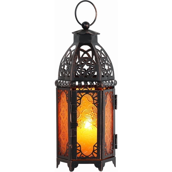 Ramadan Lanterns Decorative Indoor & Outdoor, 11 Medium Size Vintage Metal Hanging&Tabletop Candle Holder Decor, Halloween Christmas Moroccan Decorations for Home Porch Patio (Amber)