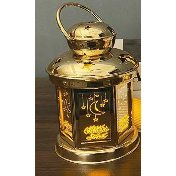 Ramadan Lanterns Eid Muslim Festive Decorations Ramadon Lantern Lights Eid Crafts LED Night Light for Iftar Gifts Home Table Bedroom Gift Party Festival with LED Light (Gold_Sm) 6"x4"