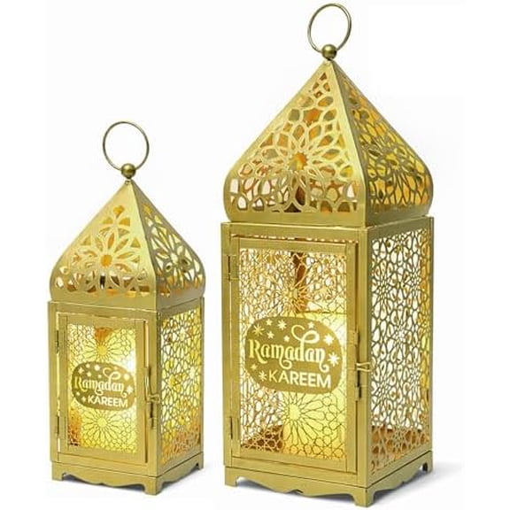 Ramadan Lanterns Gold Metal Islamic Fanous Hanging Candle Holder Decor for Ramadan & Eid, Ramadan Decorations for Home Table Window Porch, Large 14.6" & 11.4" Set of 2$$Home Decor, Kitchen, & Other