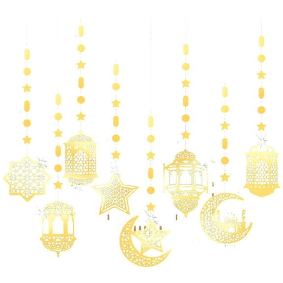 Ramadan Lattice Hanging Ornament Set 8 Piece Moon Star Hanging Shiny Paper Banners for Home Party Wall Ceiling Balcony Outdoor Festival
