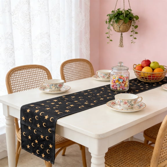 Ramadan Linen Table Runner,Heat-Resistant Decorative Kitchen Dining Tablecloth for Party and Daily Family Meals,Elegant Holiday Table Decoration for Home Gatherings and Festive Settings-Black