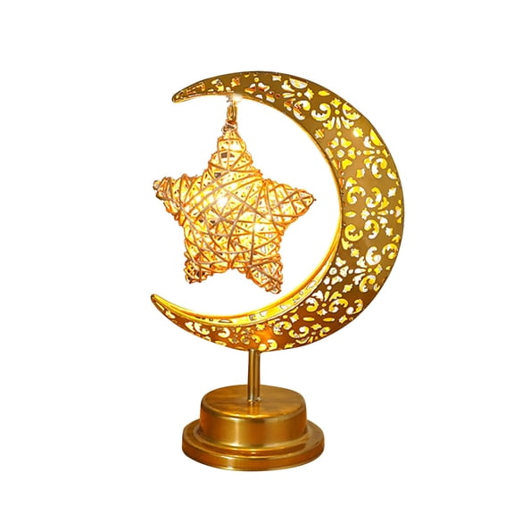 Ramadan Moon Lamp, Crescent Moon with Star Table Lamp, Battery Powered Ramadan Desk Lamp Decorations Crescent Table Light Bedside Night Stand Desktop Living Room Home Decor, Eid Mubarak Decor