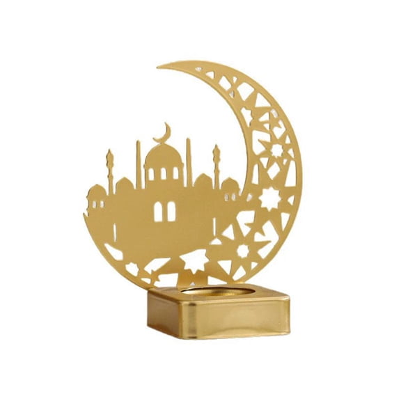Ramadan Moon Shape Tealight Candle Holder, Eid Mubarak Islamic Crescent Table Centerpiece, Arabic- Decorative Ornaments for Holiday Dining Party Decor - Gold