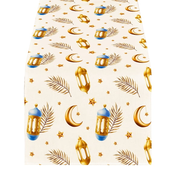 Ramadan Moon Star Table Runner - 180×33cm (70.87×12.99in) - Golden Lantern & Crescent Pattern Polyester Table Decor for Iftar, Dining & Home Parties (1pc)