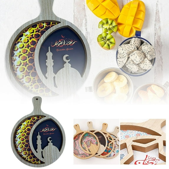 Ramadan Moon & Star Wooden Serving Tray, 2025 Eid Mubarak Decorative Food Tray for Snacks, Desserts, or Fruits, Party Supplies for Home Decor, Ramadan & Eid Celebrations