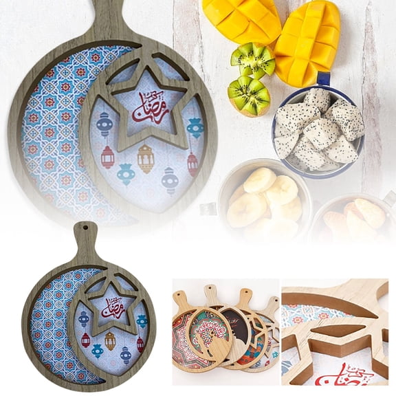 Ramadan Moon & Star Wooden Serving Tray, 2025 Eid Mubarak Decorative Food Tray for Snacks, Desserts, or Fruits, Party Supplies for Home Decor, Ramadan & Eid Celebrations