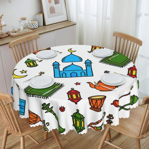 Ramadan Mosque Lantern Doodle Motif Round Tablecloth Waterproof Oil Proof Spill Proof Table Cloth 70" for Camping, Dining, Indoor and Outdoor Table Cover
