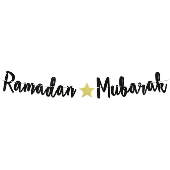 Ramadan Mubarak Banner - Eid Mubarak, Eid ul-Adha Party Decor, Ramadan Kareem Decor, Muslim Fireplace Mantel Party Decorations Black Glitter (Pre-Strung)