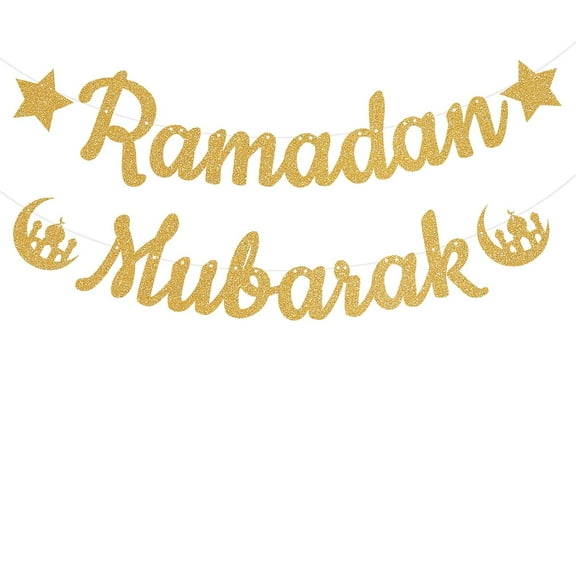 Ramadan Mubarak Banner, Gold Glitter, 19.35 cm x 25.81 cm, Eco-friendly Paper, Perfect for Ramadan & Eid Parties