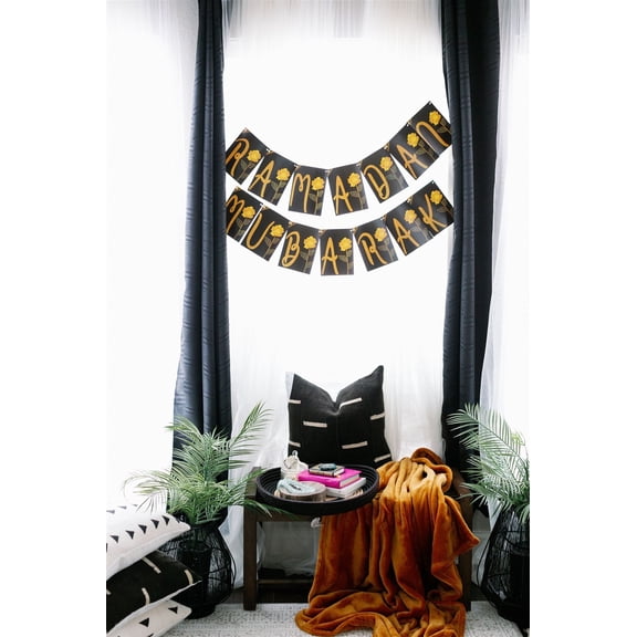 Ramadan Mubarak Banner, The Amina black and yellow Floral themed Happy Ramadan Bunting Celebration Hajj Umrah