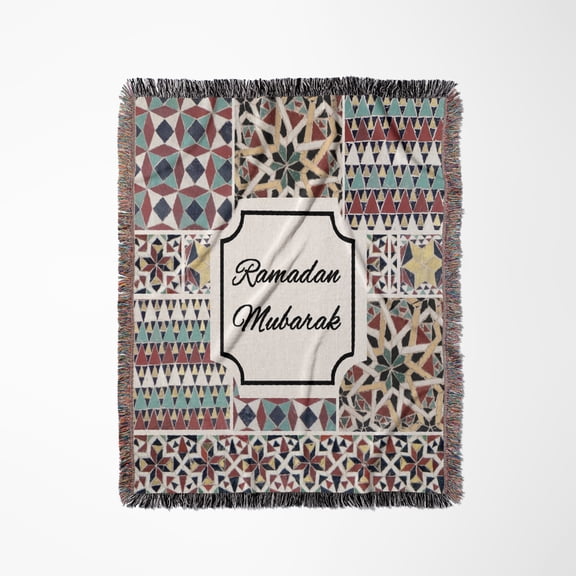 Ramadan Mubarak - Blessed Happy Eid Wish - Red Mint Turquoise Mosaic, Woven Blanket