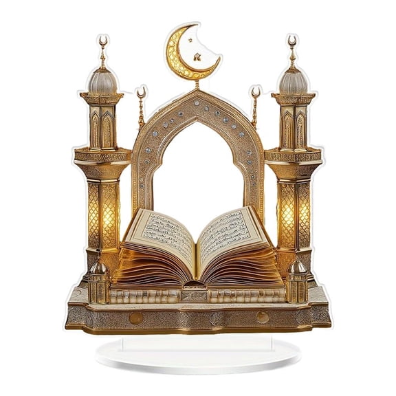 Ramadan Mubarak Decorations for Home, 2D Flat Acrylic Moon Castle Ornament Acrylic Tabletop Decor Led Eid Mubarak Gifts Middle Eastern Decorative Plaque for Wedding Centerpiece Shelf Decor