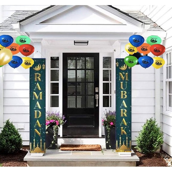 Ramadan Mubarak Sign Banner Hanging Decor and Multi-Color Ramadan Kareem Balloons for Indoor Outdoor Decoration Islamic Muslim Party Supplies 72"x12" with 14pcs/set (RM+BLN)