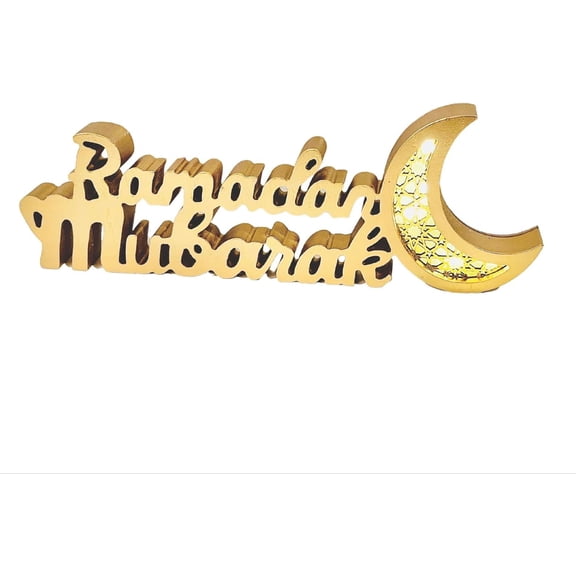 Ramadan Mubarak Sign Tabletop Wooden Letter Ramadan Kareem with Crerscent 14" Table Top Décor with LED Lights Ramadan Table Top Ornaments with LED Lights and White Moon Sign (Ramadan Mubarak_Gold)