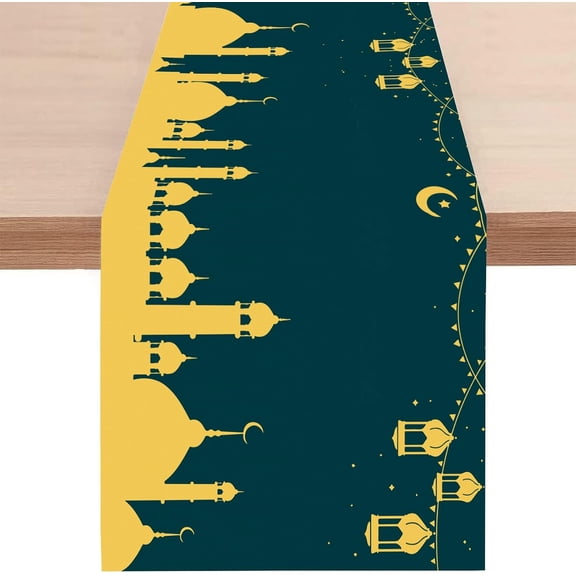 Ramadan Mubarak Table Runner, Ramadan Mosque Lantern Islamic Eid Mubarak for Burlap Table Decorations Party Supplies Decorations, 13 x72 inches