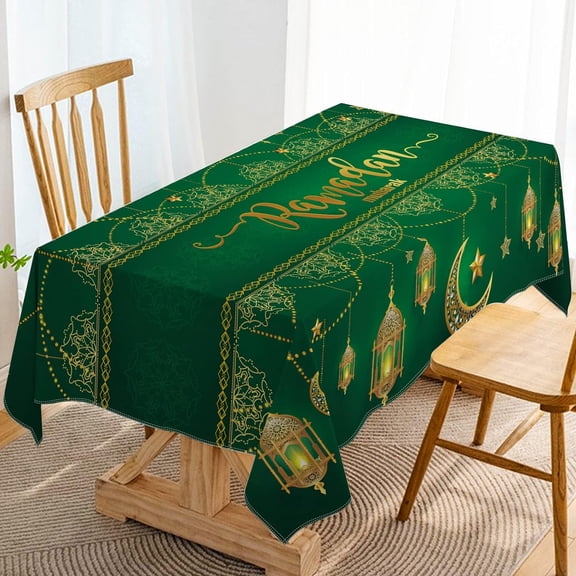 Ramadan Mubarak Tablecloth Islamic Muslim Eid Decoration Golden Star Moon Lantern Kitchen Dining Room Table Cover (60" x 84")