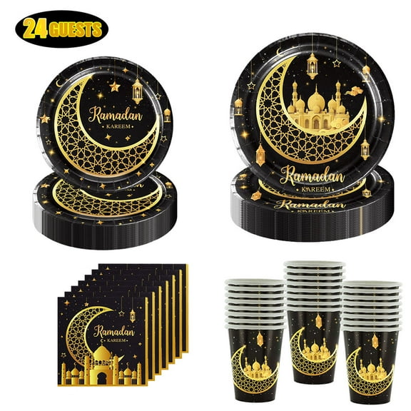 Ramadan Mubarak Tableware Set Eid Mubarak Paper Plates and Napkins Set Disposable Black and Gold Plates Cups Napkins Tableware Party Supplies for Eid Al-Fitr Ramadan Kareem Party Decorations,Serve 24