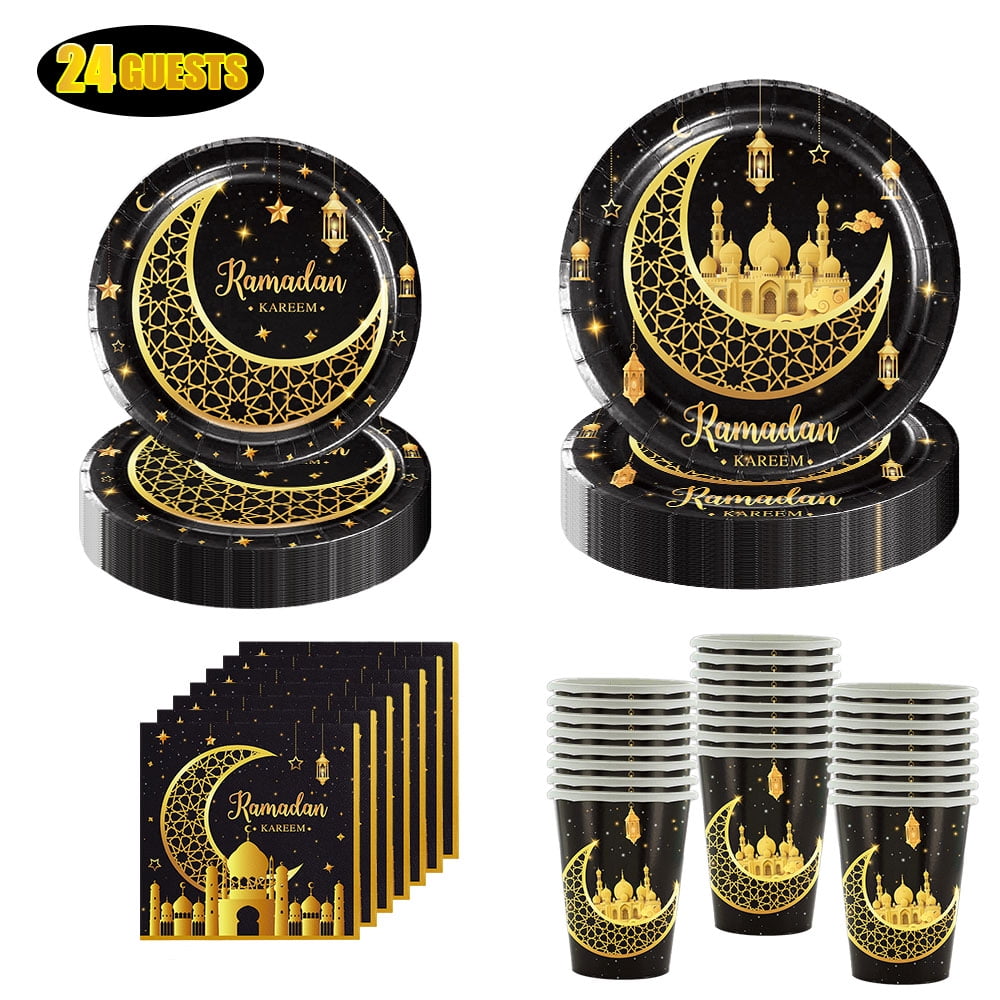 Ramadan Mubarak Tableware Set Eid Mubarak Paper Plates and Napkins Set Disposable Black and Gold ...