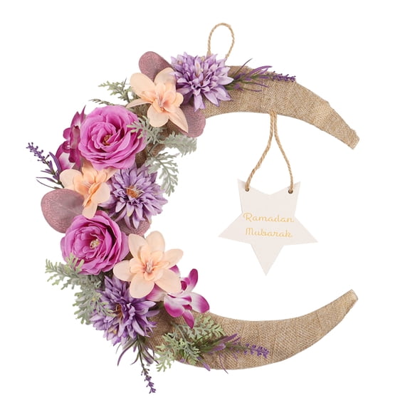 Ramadan Mubarak Wreath, Weather-Resistant Crescent Moon Shape Wreath with Rose, Ramadan Decor Floral Garland for Front Door Wall Window Indoors Outdoor Farmhouse Decor