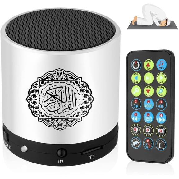 Ramadan Portable Digital Quran Speaker, Quran Speaker MP3 Player with Remote Control,Quran Translator,USB Rechargeable,8GB FM Radio,Over 18 Reciters and 15 Translations Available(Silver)