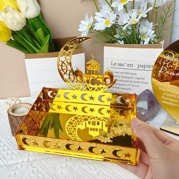 Ramadan Serving Tray 2025 New - Gold Eid Mubarak DIY Acrylic Mirror Tray for Food Storage, Dessert Platters, and Party Decor, Moon Star Design for Ramadan Tableware and DIY Display