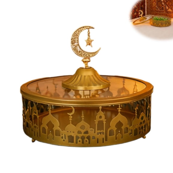 Ramadan Serving Tray Decorative Metal Platter for Dates, Sweets, and Nuts, Elegant Gold Hollow-Out Design for Eid Parties, Table Centrepiece for Home & Festive Gatherings