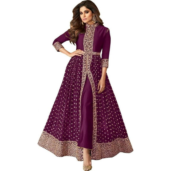 Ramadan Special Pakistani Anarkali Gown Dress Designer Indian Salwar Kameez Suits ( Purple, L - 42 )