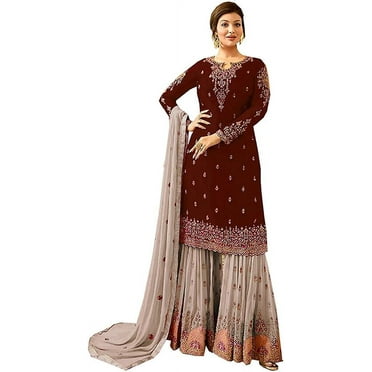 Ramadan Special Pakistani Designer Salwar Kameez Suits Indian Sharara Plazzo Dress ( Brown, XXL - 46 )