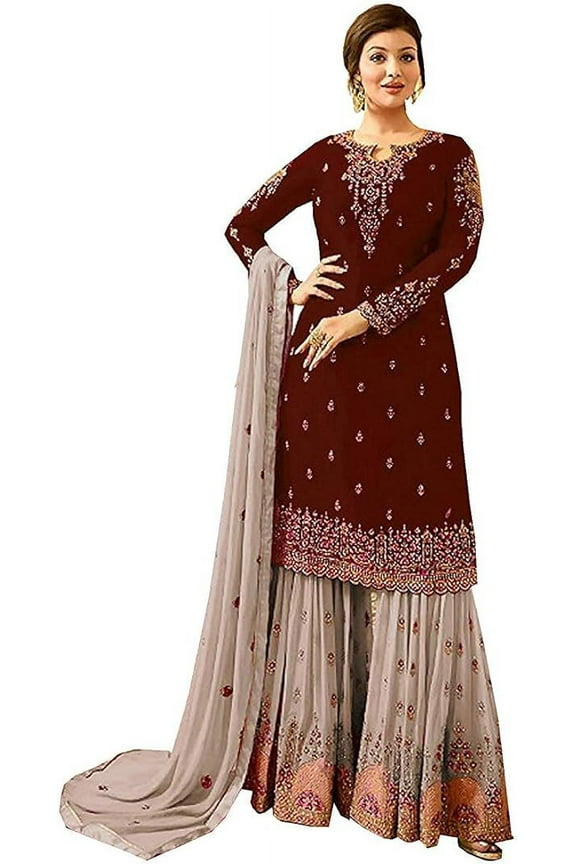 Ramadan Special Pakistani Designer Salwar Kameez Suits Indian Sharara Plazzo Dress ( Brown, XXL - 46 )