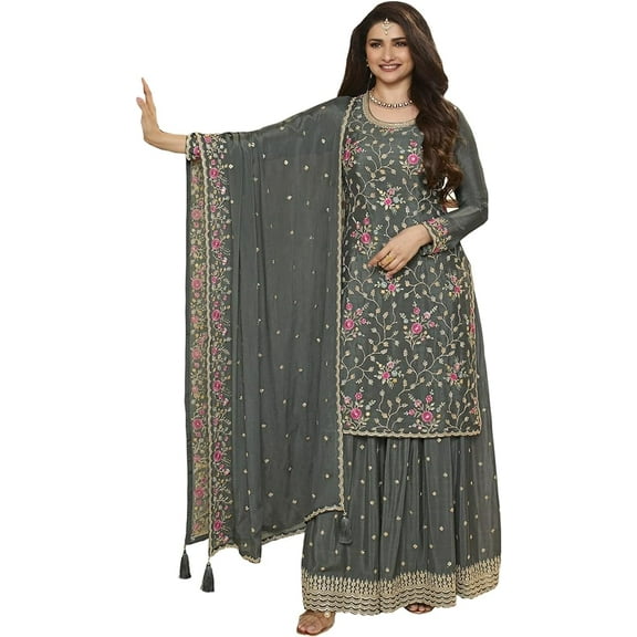 Ramadan Special Pakistani Swen Palazzo Suits Indian Designer Shalwar Kameez Dress ( Gray, XXL - 46 )