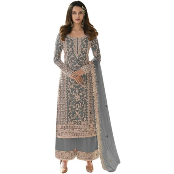 Ramadan Special Wear Indian Pakistani Shalwar Kameez Suits Stitched Palazzo Dress ( Gray, L - 42 )