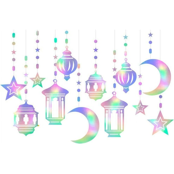 Ramadan Star-Moon Party-Decorations Garland - 12PCS Little Star Hanging Decoration Streamers Swirl Lantern, Eid Mubarak Birthday Wedding Party Banner Decor
