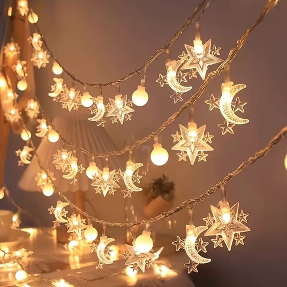 Ramadan Star and Moon String Lights - Decorative LED Fairy Lights for Eid, Valentine's Day, Weddings, and Home Decor