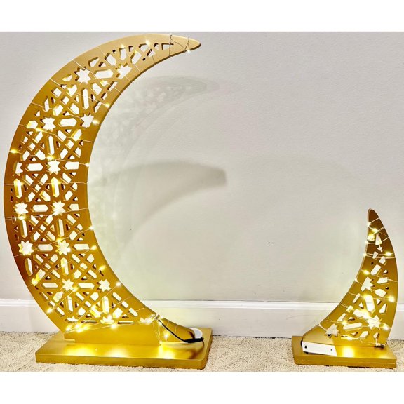 Ramadan String Moon Star Light Stand, Ramadan Welcome Night Lights, Crescent Tree Décor, Glittery Table Décor, Big Wooden Moon Star with LED Fairy Lights (2Pcs, Medium)