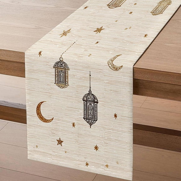 Ramadan Table Runner 180x35cm, Polyester Table Cover with Lantern Moon Star Pattern, Decorative Tablecloth for Dining Table Home Decor