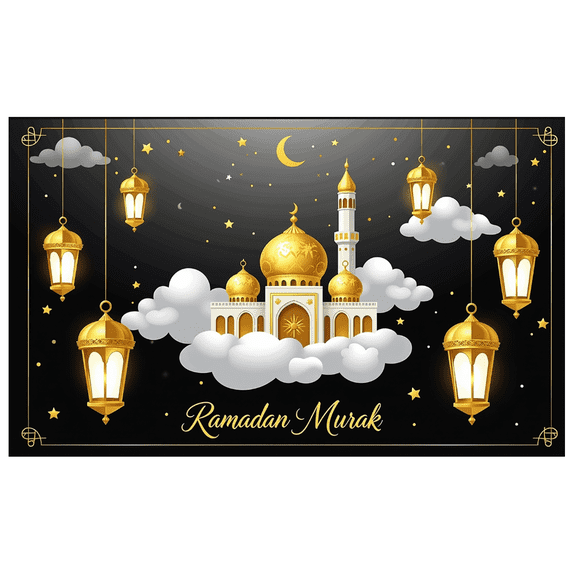 Ramadan Themed Banner with Golden Mosque Lanterns Stars Background Party Decorations for Iftar Parties Ramadan Gatherings Islamic Celebrations Photo Backdrops