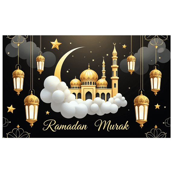 Ramadan Themed Banner with Golden Mosque Lanterns Stars Background Party Decorations for Iftar Parties Ramadan Gatherings Islamic Celebrations Photo Backdrops