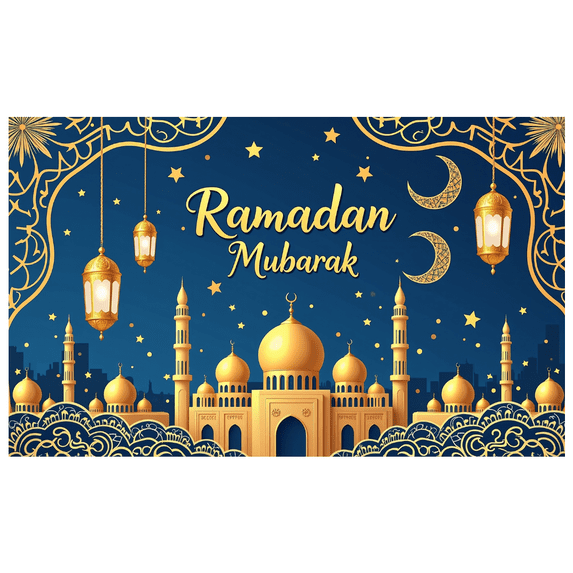 Ramadan Themed Decorative Background with Golden Mosques Crescent Moons Stars and Lanterns Banner Party Supplies for Ramadan Celebrations Family Gatherings Community Events Islamic Festivities