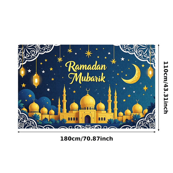 Ramadan Themed Decorative Background with Golden Mosques Crescent Moons Stars and Lanterns Banner Party Supplies for Ramadan Celebrations Family Gatherings Community Events Islamic Festivities