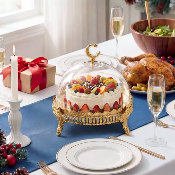 Ramadan Tray Round Eid Mubarak Plate Metal Golden Serving Tray with Acrylic Dome Lid for Kitchen Dining Bakery Pastries